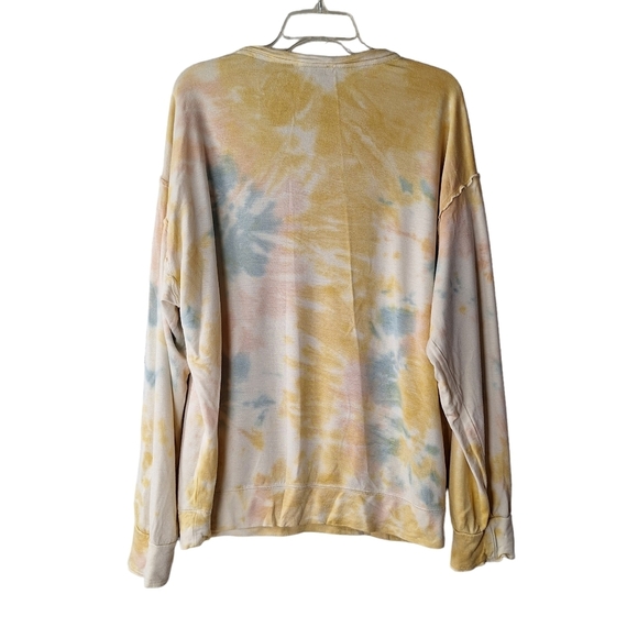 Knox Rose Medium Yellow Tie Dye Pastel Multicolor Long Ruffle Trim Sleeve Top - Picture 2 of 9